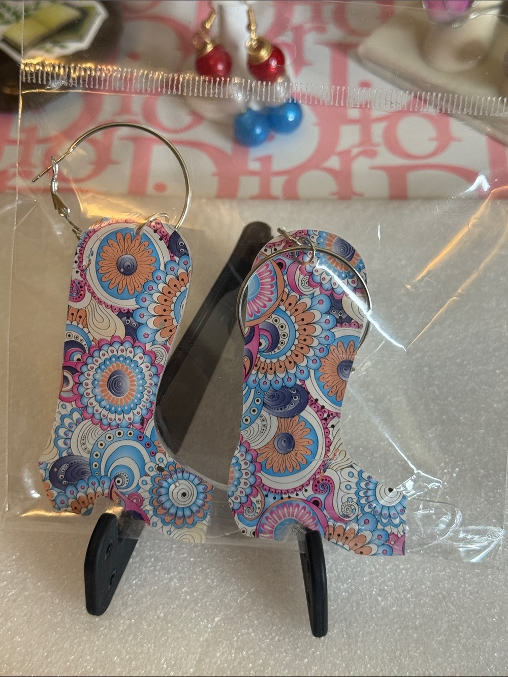 Floral Mandala Hoop Drop Earrings in Pink & Blue